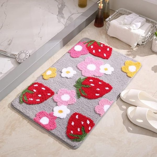 Strawberry Super Soft Anti Skid (40x60 cm) Super Absorbent Mats Microfibre   (Grey) Pack of 1