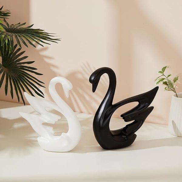 Lavish Modern Home Décor Swan Couple | Matte Finish Ceramic Figurines (Set of 2Pc, White and Black)