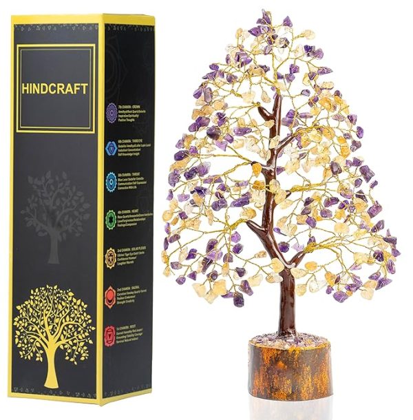 Amethyst & Citrine (Golden Wire) Crystal Tree for Positive Energy - Healing Stones -  7 Chakra Tree, 200 Beads, 8-10"