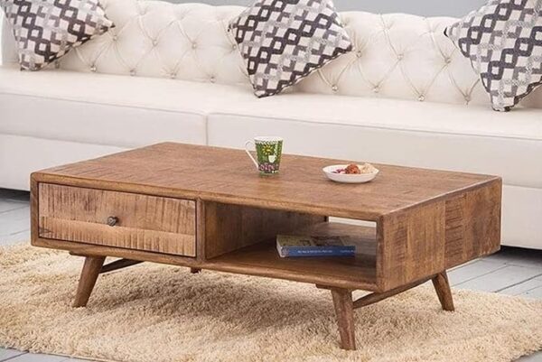 TEO Solid Wood Coffee Table for Living Room - Textured Top Centre Table with One Drawer
