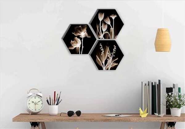 Set of 3 Hexagon Preety White Flower UV Textured MDF Home Decorative Gift Item Painting 17 Inch X 17 Inch
