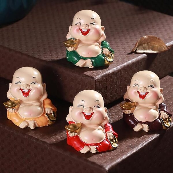 Pack of 4 Laughing Buddha Monk Miniature Statue Showpiece (Multi, 4 cm x 1.5 cm) Feng Shui Items